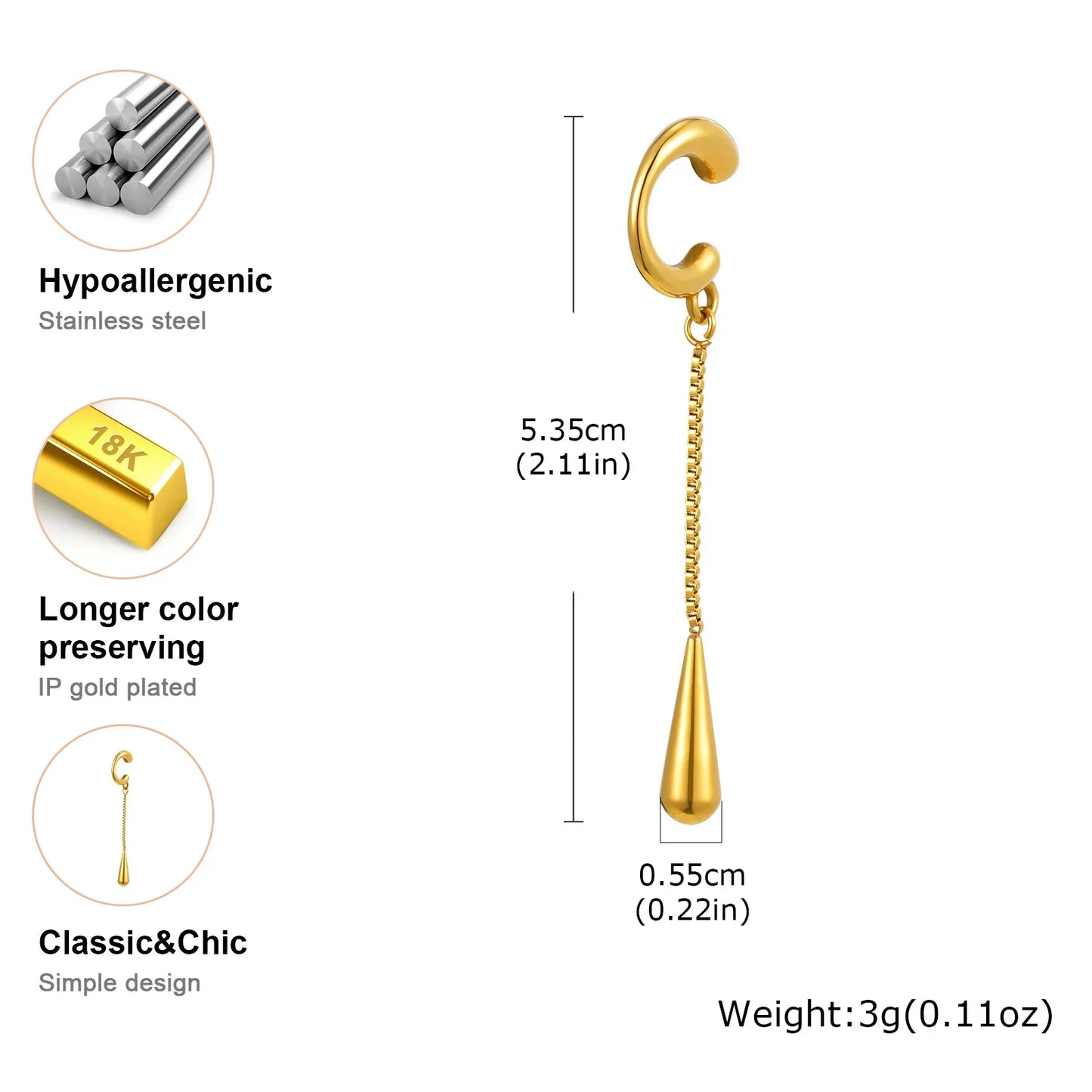 C-Shaped Metal Teardrop Tassel Ear Cuff – Clip-On Earrings for Women, No Piercing, Ear Cartilage Jewelry (1 Piece)
