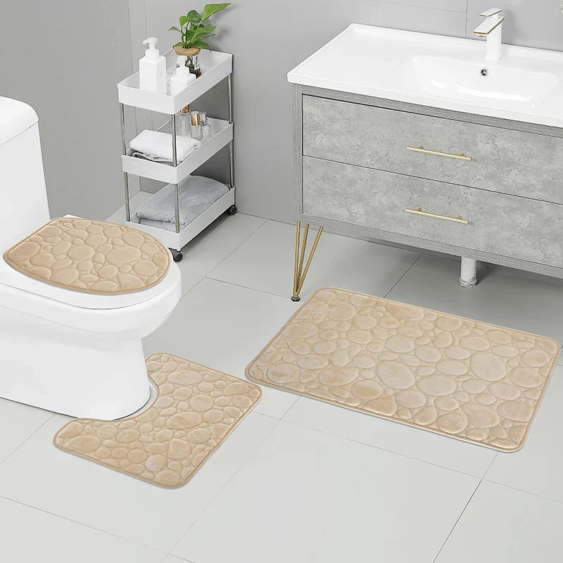 Solid Color Bathroom Floor Mat Set – Water-Absorbing, Non-Slip Stone Pattern, Comfortable & Soft 3-Piece Set