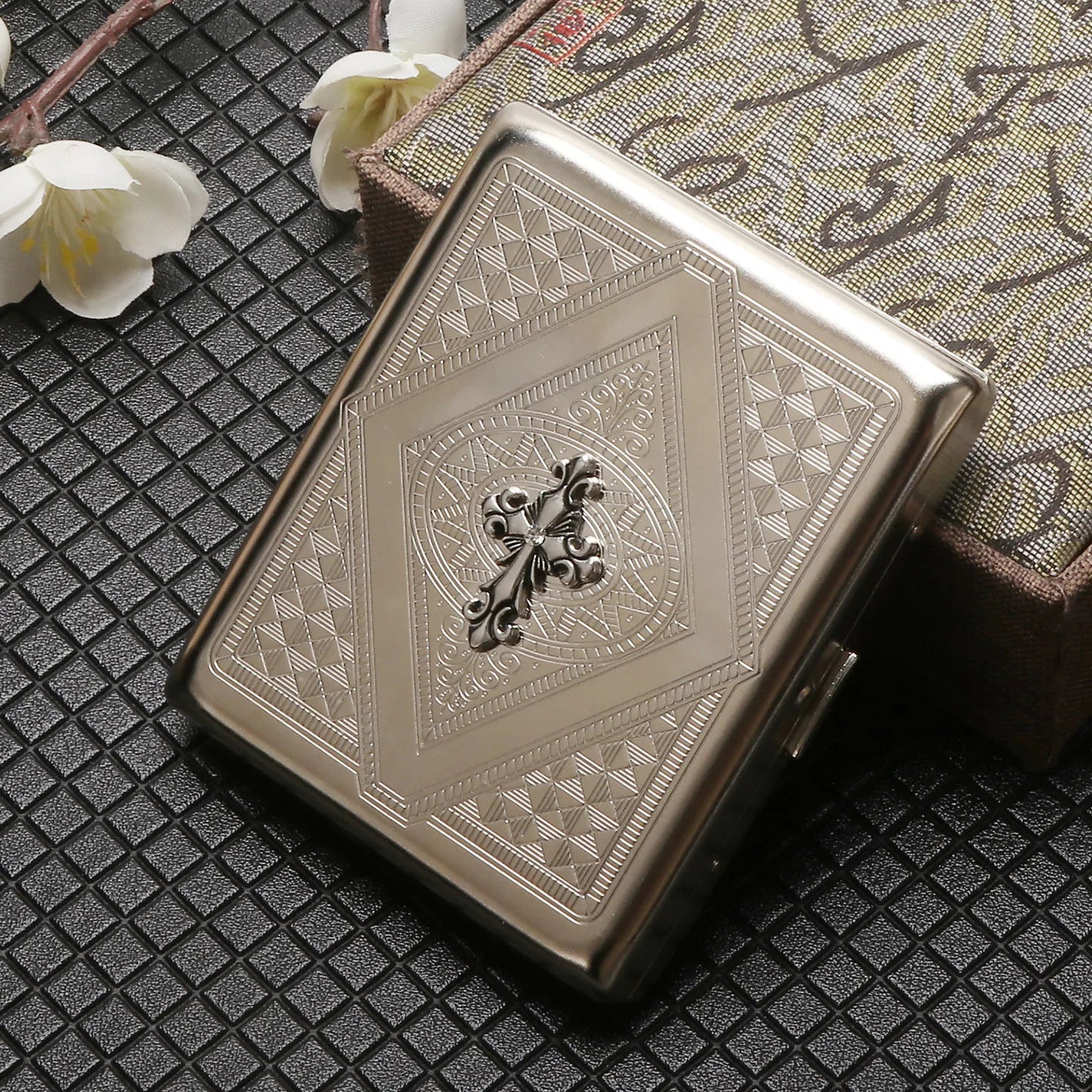 Metal Cigarette Case - 20-Stick Flip-Top Portable Embossed Engraved Holder for Men