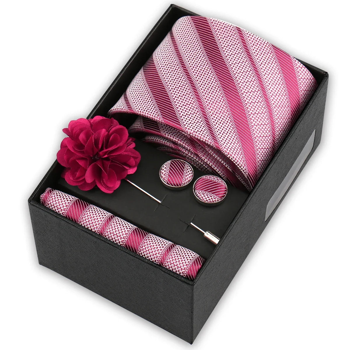 Men’s 4-Piece Tie Set Gift Box - Elegant Necktie with Handkerchief, Cufflinks & Brooch for Business, Wedding & Suit Accessories