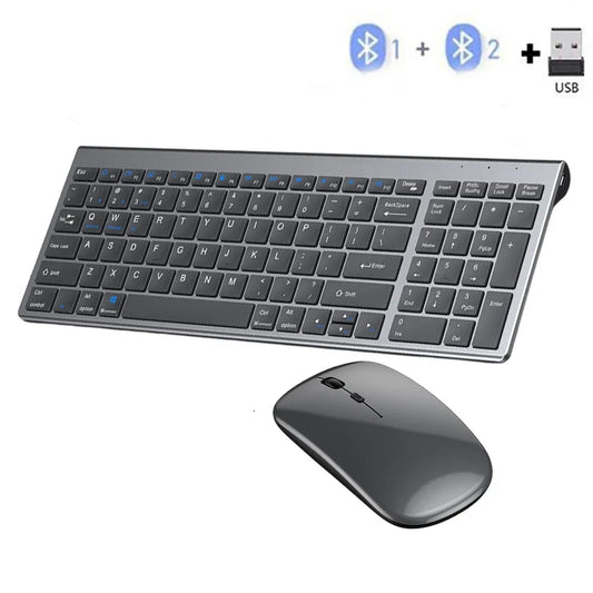 Gray Bluetooth 5.0 & 2.4G Wireless Keyboard and Mouse Combo – Rechargeable Full-Size Set for Notebook & Laptop
