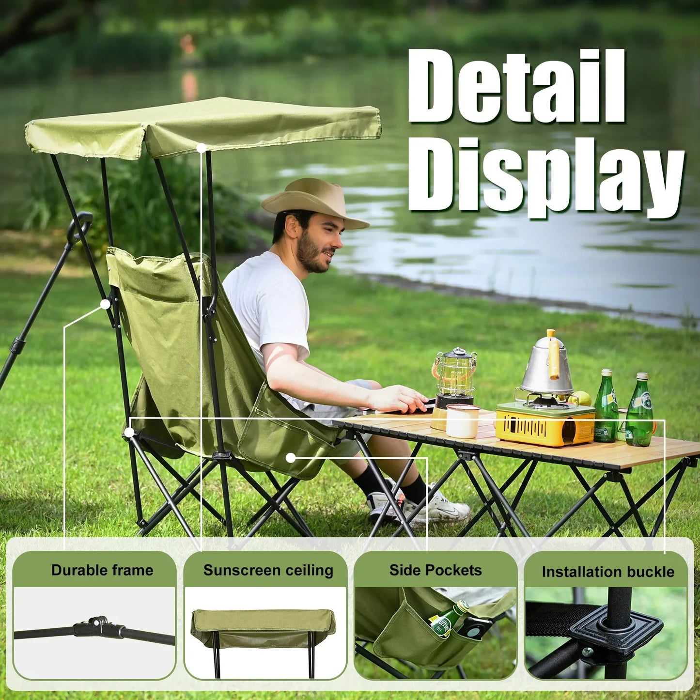 YOUNG WOOD Portable Camping Chair with Shade Canopy – Lightweight Foldable Oversized Beach & Outdoor Chair for Camping, Travel & Relaxation