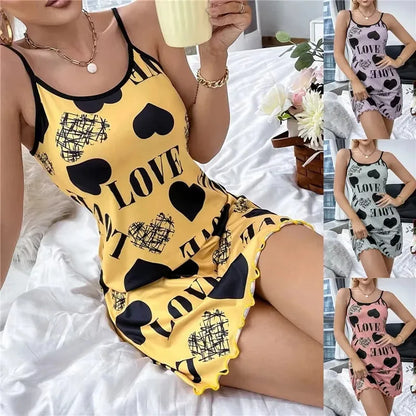 Women’s Cute Cartoon Nightgown - Sexy Halter Back Summer Pajamas & Home Wear Short Dress