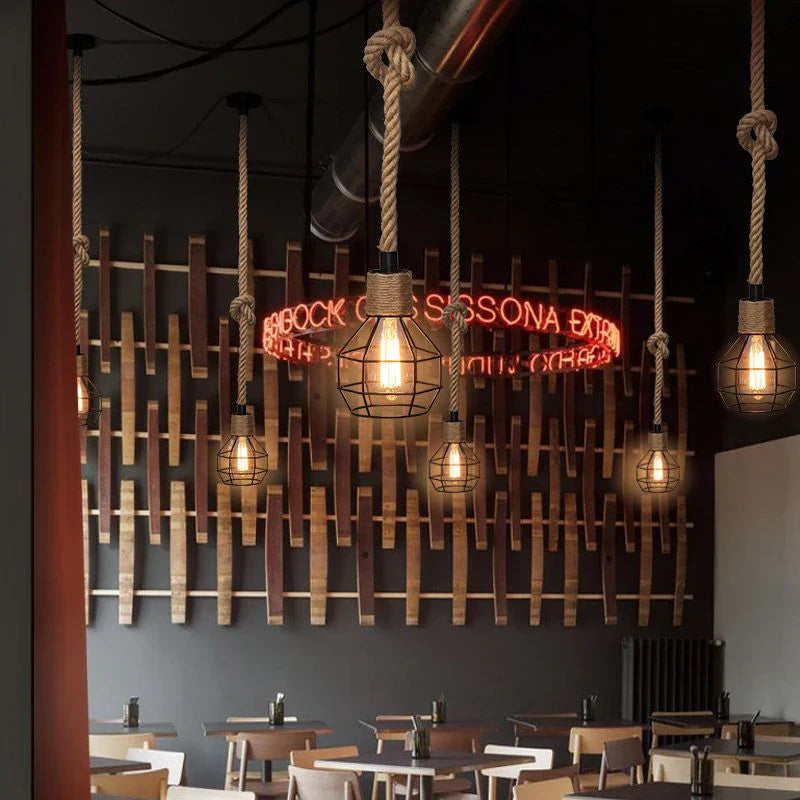 Vintage Hemp Rope Pendant Lights: Industrial E27 Indoor Lighting for Loft, Living Room, Bar - Retro Hanging Lamp with Attic Personality