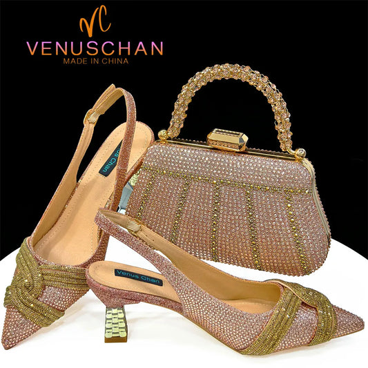 Venus Chan Women’s Champagne Shoe & Bag Set - Rhinestone Heels and Handbag for Nigerian Parties & Weddings