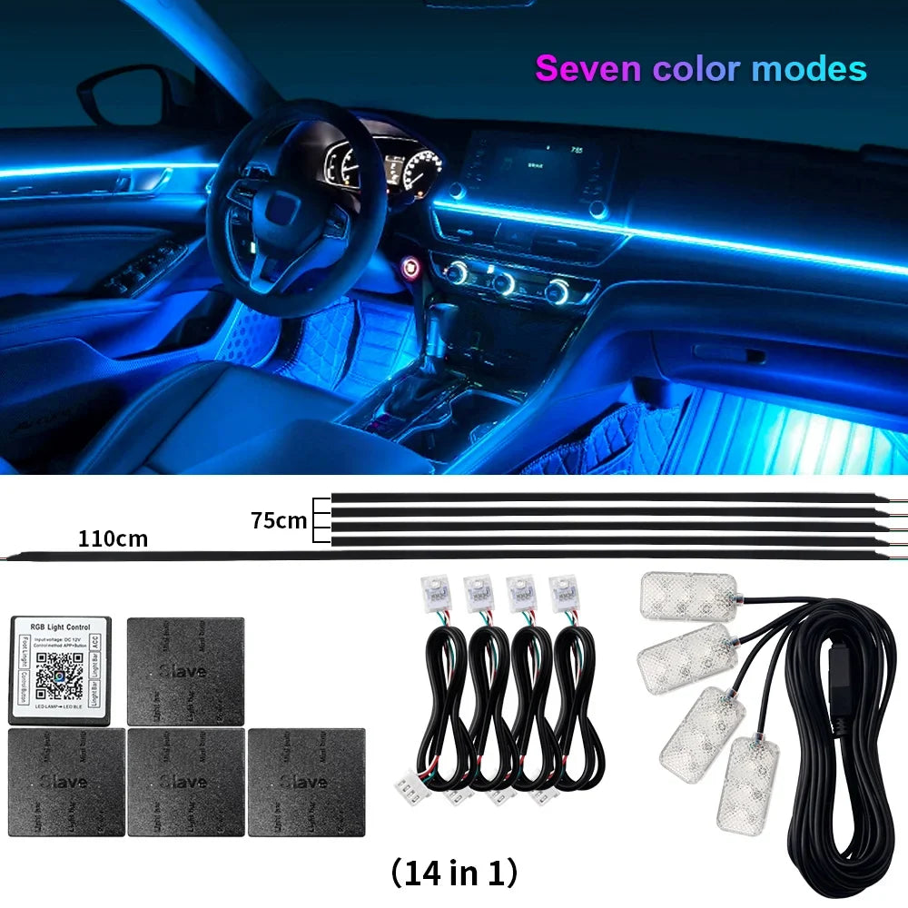 14/18 in 1 RGB LED Car Ambient Light - Acrylic APP Controlled Interior Atmosphere Lamp Kit with 64/213 Colors for One & Dual Zone Lighting