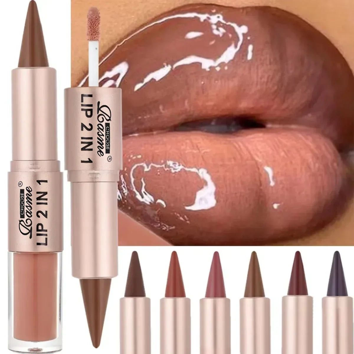2-in-1 Tapered Lip Liner Pen - Waterproof Nude Brown Lip Contour & Matte Gloss Makeup