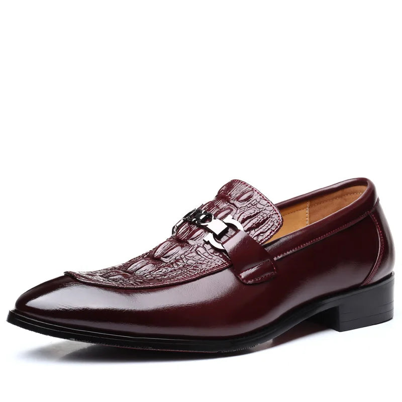 Men's Crocodile Grain Leather Loafers - Slip-On Business Office Wedding Party Dress Shoes with Buckle Flats