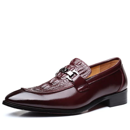 Men's Crocodile Grain Leather Loafers - Slip-On Business Office Wedding Party Dress Shoes with Buckle Flats