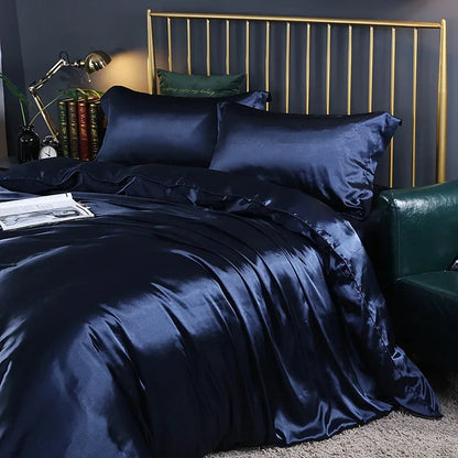 Silk Bedding Set With Duvet Cover - Luxury Satin Bed Sheet Pillowcase Set Solid Color King Queen Twin Size