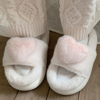 3D Love Single Band Women’s Winter Slippers – Soft Heel Platform, Warm & Fluffy Indoor Home Shoes