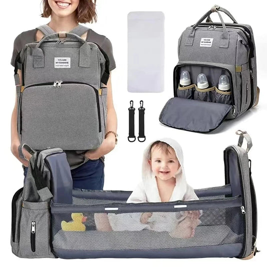 Foldable Diaper Bag with Changing Station – Large Capacity Mommy Backpack with Insulated Pocket, Multifunctional Baby Travel Bag with Bed & Double Shoulder Straps