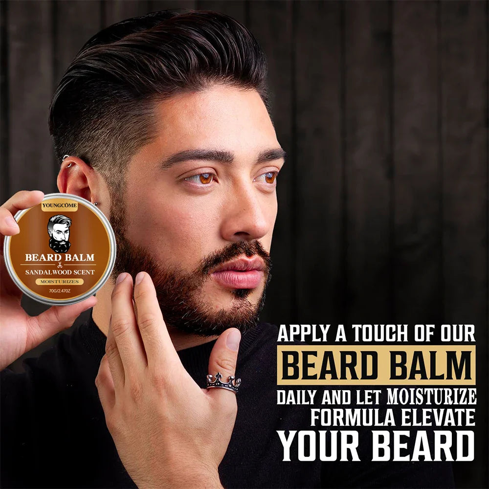 Organic Beard Growth Oil & Sandalwood Balm Grooming Kit (1/2/4 Set) – 24H Nourishing Beard Care with Argan Oil & Vitamin E, Anti-Flake Moisturizer for Men