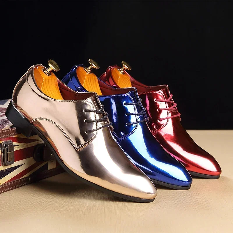 Fashion Patent Leather Men’s Wedding Oxfords - Designer Pointed Toe Dress Shoes Gold Blue Red White Sizes 37-48