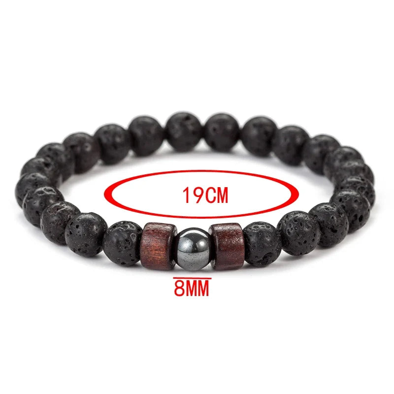8mm Volcanic Lava Stone Bracelet - Handmade Elastic Beaded Bracelet for Men with Wooden Tibetan Buddha Style