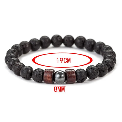 8mm Volcanic Lava Stone Bracelet - Handmade Elastic Beaded Bracelet for Men with Wooden Tibetan Buddha Style