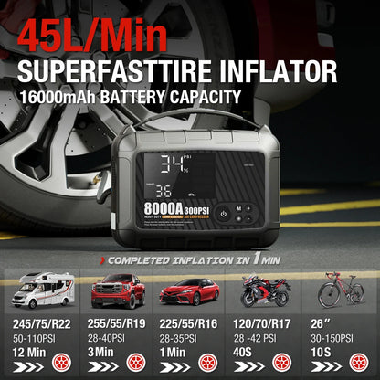 8000A Heavy Duty Car Jump Starter - 12V Powerful Battery Booster Starting Device for Vehicles