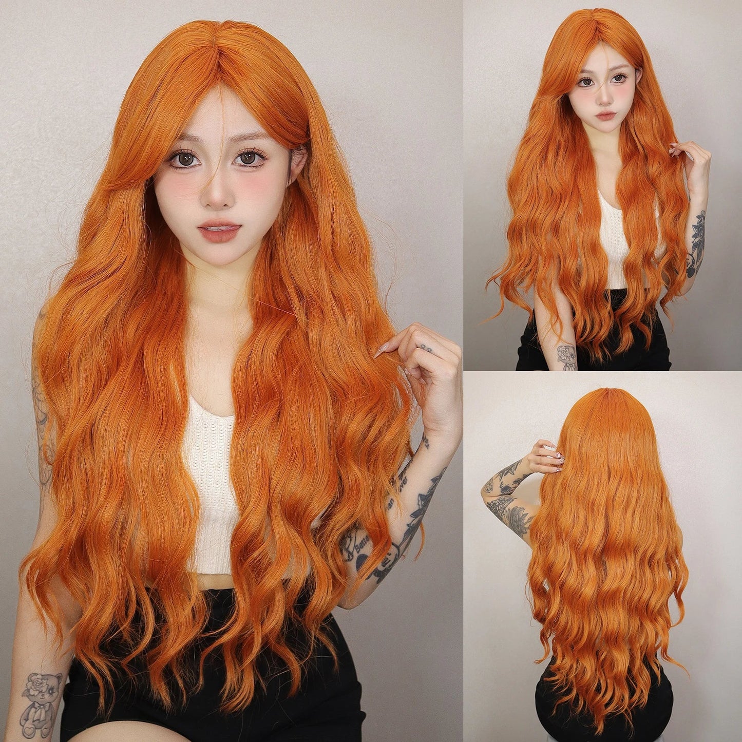 Copper Ginger Red Brown Synthetic Wig – Long Fluffy Wavy Wig with Bangs, Heat-Resistant Cosplay & Daily Wear Hair for Women
