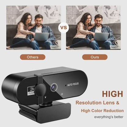 2K Full HD Webcam: 4K 1080P Mini Camera with Microphone - USB Web Cam for PC Laptop Video Shooting, Auto Focus, 30fps Recording