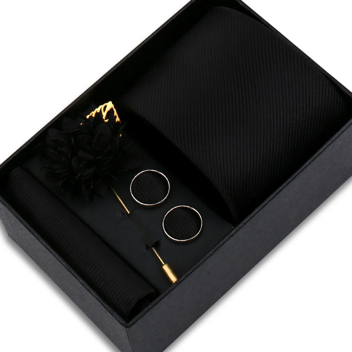 Men's Solid Color Tie Set - Jacquard Necktie, Hanky, Cufflinks & Brooch Gift Box for Weddings