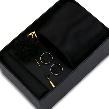 Men's Solid Color Tie Set - Jacquard Necktie, Hanky, Cufflinks & Brooch Gift Box for Weddings