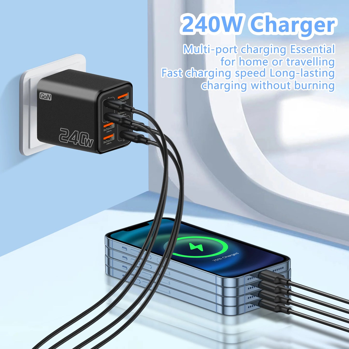 240W GaN USB C Charger - 8-in-1 Fast Charging Power Adapter for iPhone Samsung Xiaomi Devices