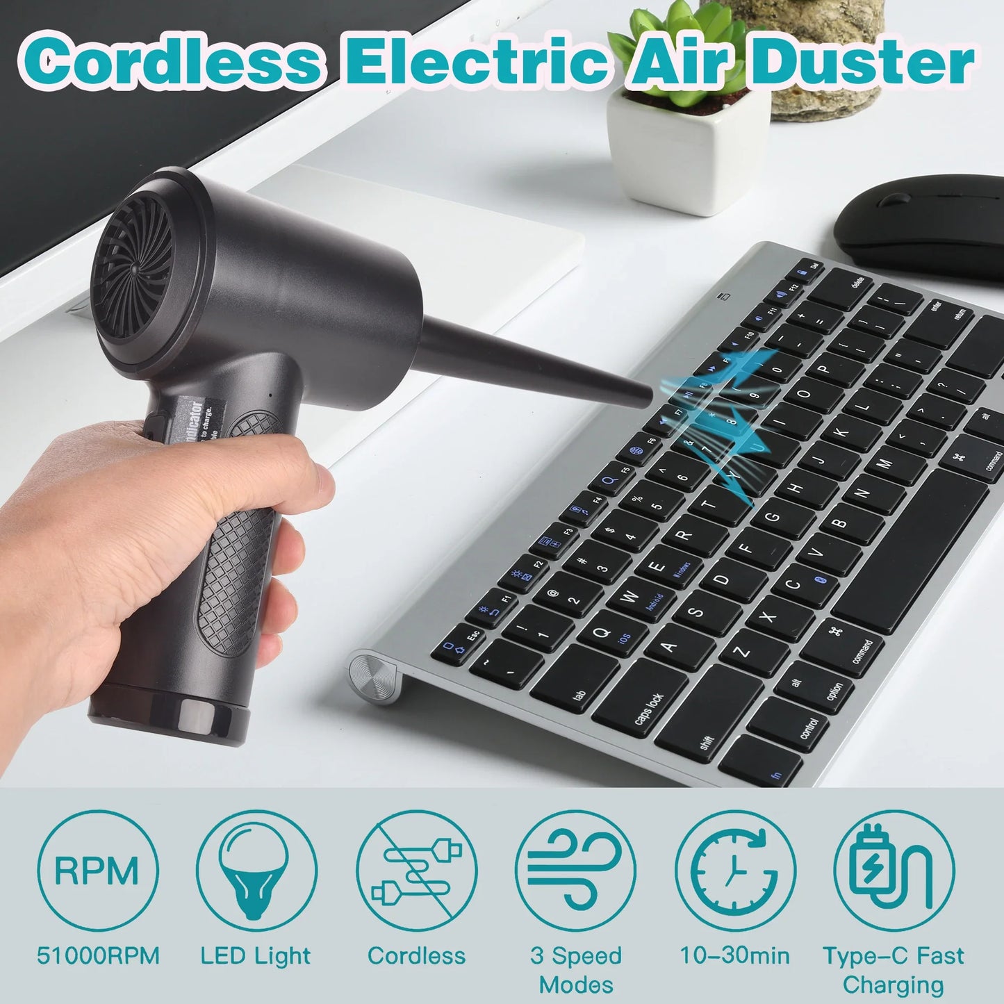 Portable Air Duster for Computer Cleaning – 51000RPM Cordless Compressed Air Blower with LED Light for PC & Keyboard Cleaning