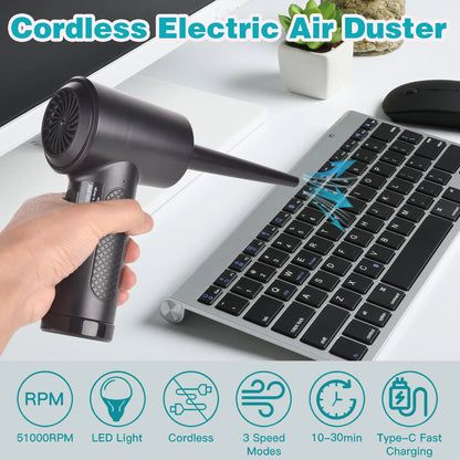 Portable Air Duster for Computer Cleaning – 51000RPM Cordless Compressed Air Blower with LED Light for PC & Keyboard Cleaning
