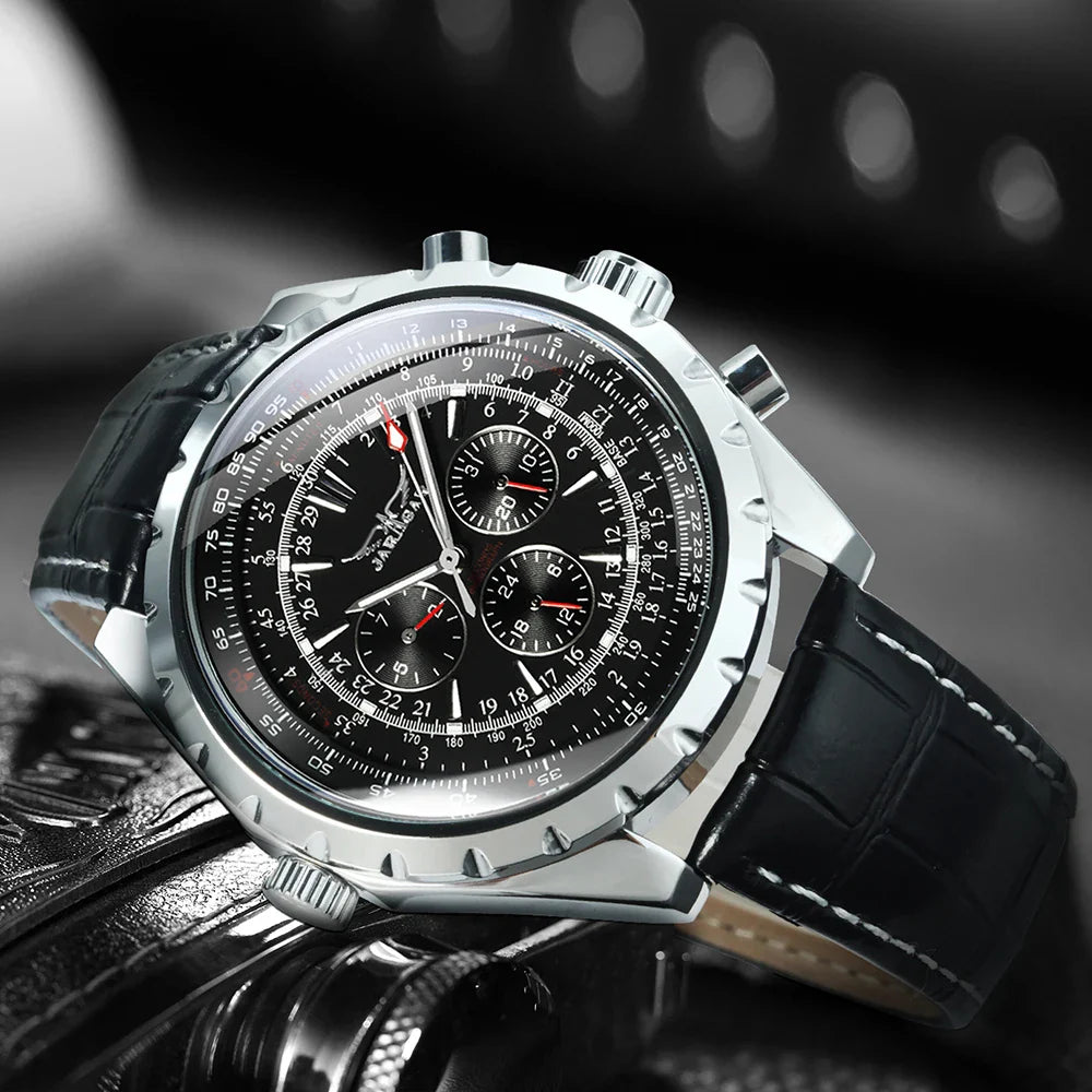 JARAGAR Pilot Mechanical Watch for Men – Multifunctional Small Dials, Leather & Steel Strap, Sports Military Automatic Watch