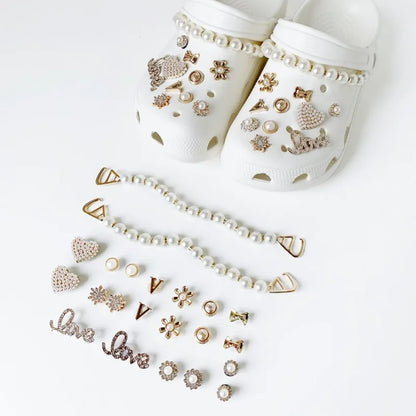 22Pcs Luxury Shoe Charms Set - Pearl Chain Designer Accessories for Sandals, Clogs & DIY Shoe Decorations