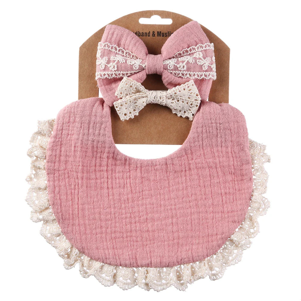 3PCS Baby Bib Set – Solid Muslin Cotton & Bamboo Feeding Drool Burp Cloth with Tassel Lace, Adjustable Infant Scarf for Boys & Girls