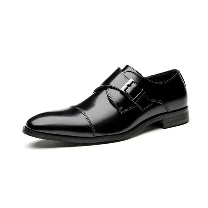 Men’s Genuine Cow Leather Monk Strap Shoes - Single Buckle Cap Toe Business & Wedding Dress Shoes