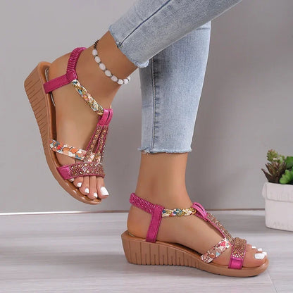 Women’s Bohemian Wedge Sandals - Rhinestone Platform Peep Toe Summer Beach Shoes Casual Outdoor Footwear