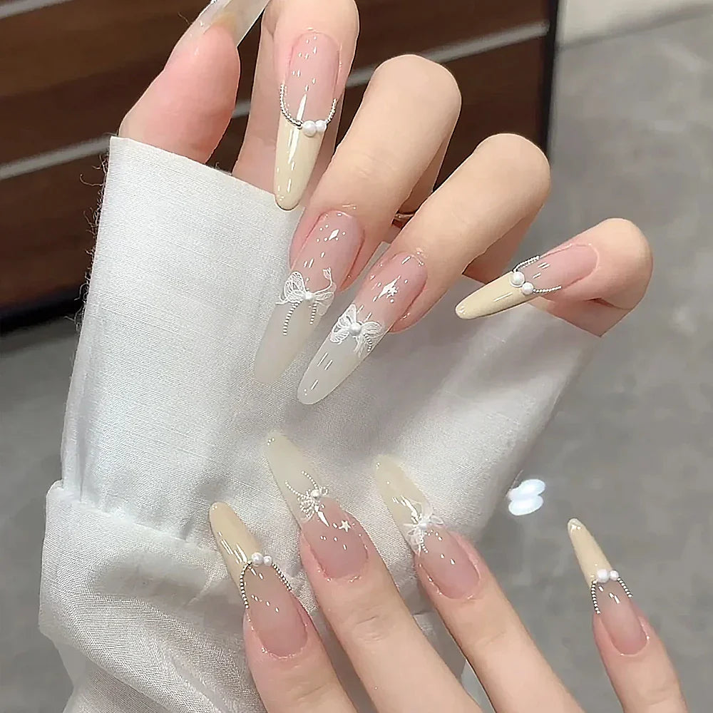 5D White Lace Bowknot Nail Art Stickers – Self-Adhesive Pearl Ribbon Luxury Nail Decals for DIY Manicure Decoration