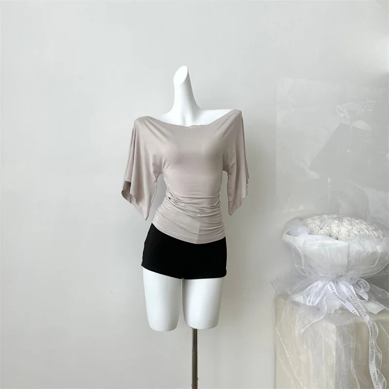 Women’s High Stretch Slash Neck Top - Slim Fit Flare Sleeve Pleated Summer Solid Color T-Shirt
