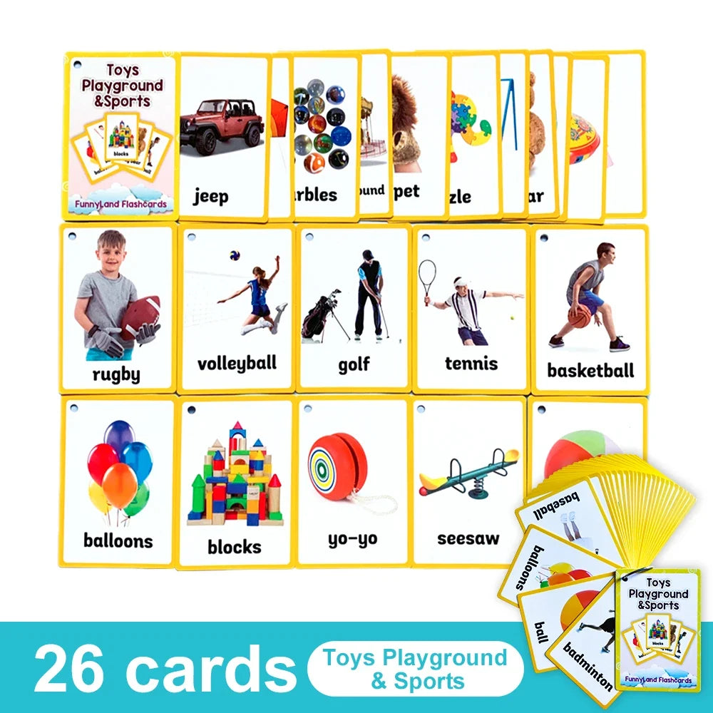 Kids English Vocabulary Flashcards - 26 Themes Fruits Animals Vehicles & Learning Activity Cards