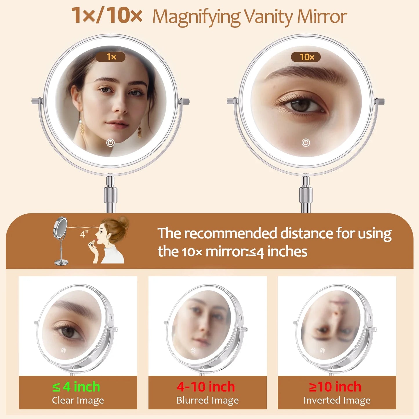 8-Inch Makeup Mirror with Light – 10X Magnification, 3 Color LED, Adjustable Brightness & Height Standing Cosmetic Mirror