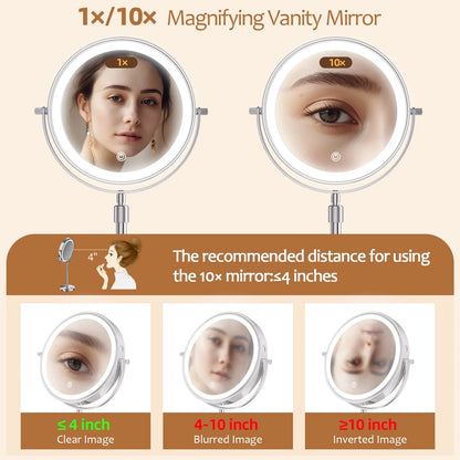 8-Inch Makeup Mirror with Light – 10X Magnification, 3 Color LED, Adjustable Brightness & Height Standing Cosmetic Mirror