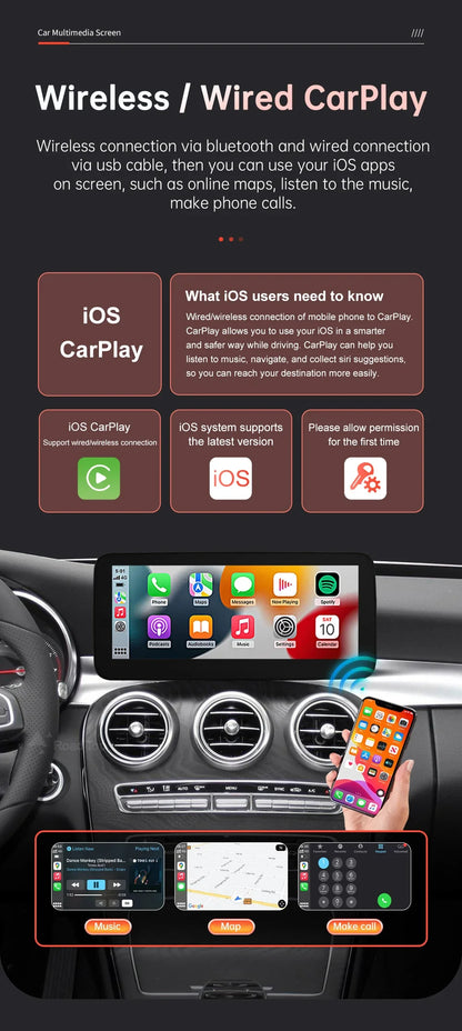 1920x720 Multimedia Touch Screen - Wireless CarPlay & Android Auto for Mercedes-Benz C Class W205, GLC, V Class W447 (2015-2018) NTG5.0