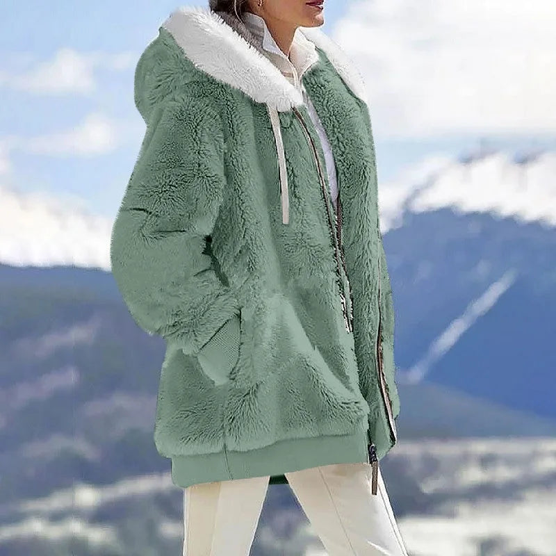 Autumn Winter Women's Hooded Coat – Casual Zipper Cashmere Fleece Jacket Solid Color Ladies Outerwear