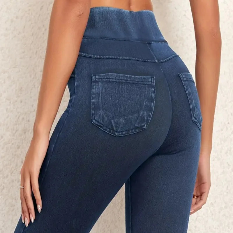 Women's Faux Denim Yoga Leggings - High Waist Stretch Fitness & Workout Skinny Tights