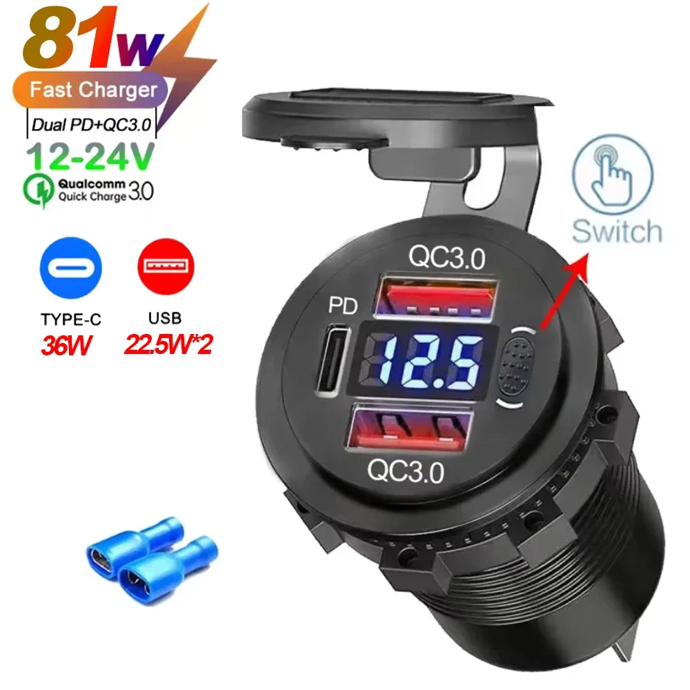 117W Dual USB Car Charger - PD & QC3.0 Fast Charging Adapter with Voltmeter Waterproof Socket for 12V/24V Vehicles