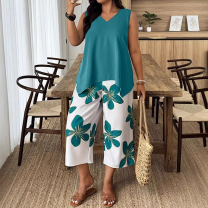 Women's Floral Print Sleeveless Summer Set - Elegant Casual 7/8 Length Fashion Outfit