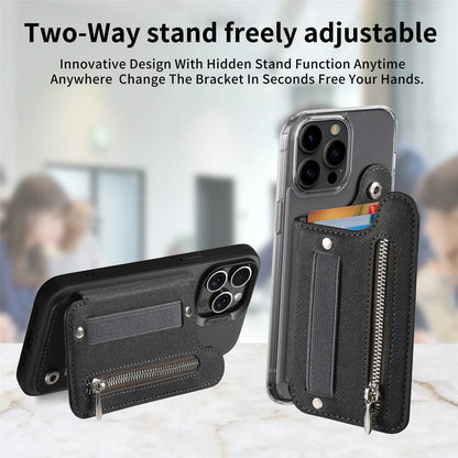 Flip Card Phone Case - Zipper Wallet Card Holder with Wrist Strap and Desktop Stand Support