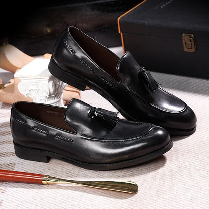Men’s Genuine Leather Tassel Loafers - Handmade Slip-On Casual Dress Shoes for Office Wedding and Daily Wear