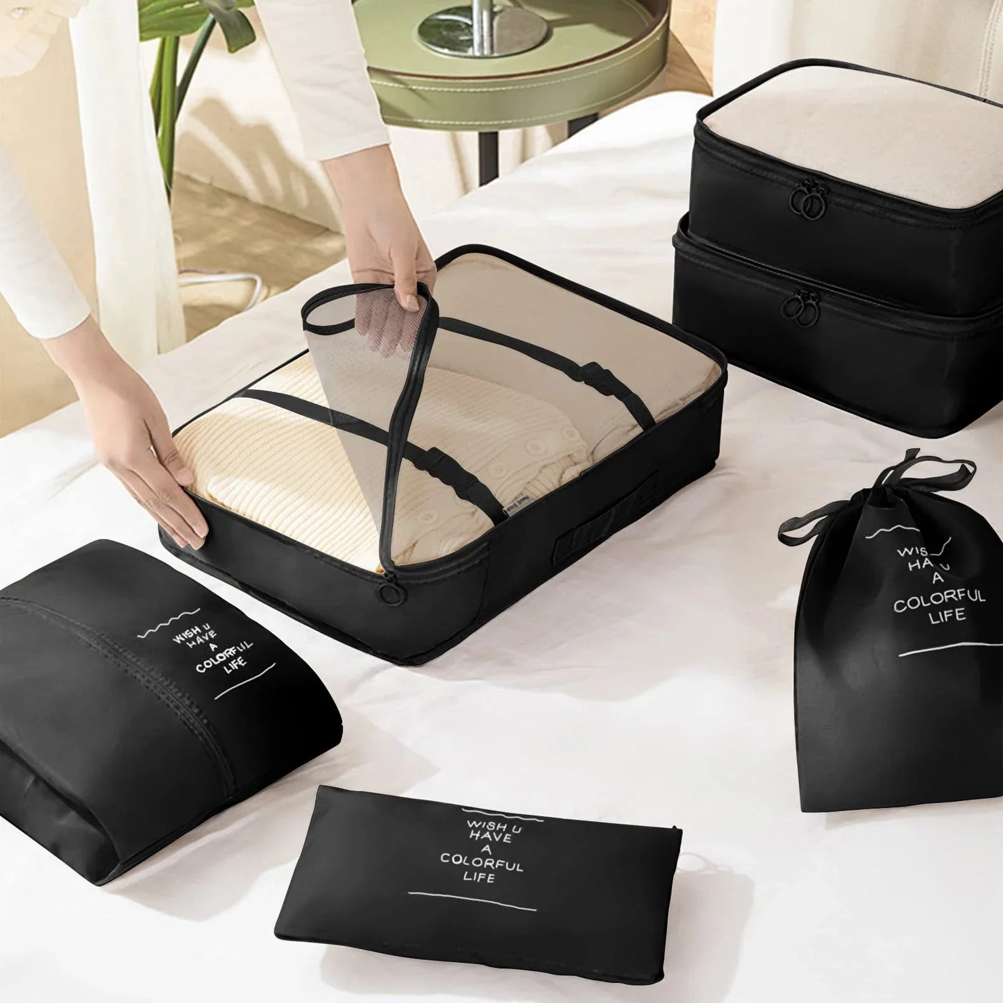 7-Pcs Travel Organizer Packing Cubes Set – Portable Luggage Storage Bags for Clothes, Shoes & Accessories