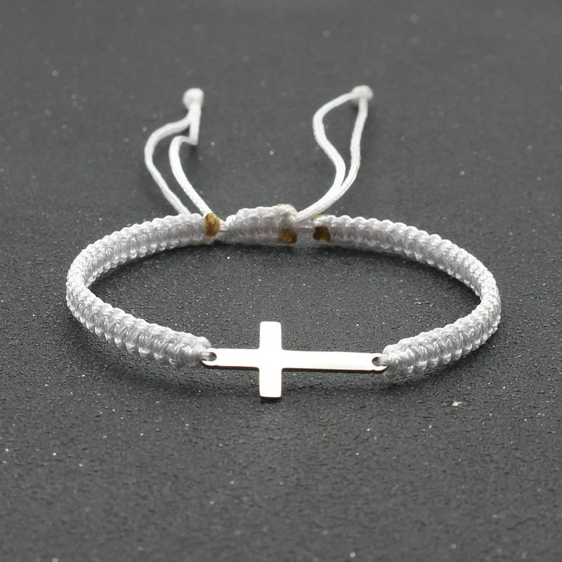 Adjustable Stainless Steel Cross Bracelet with Handwoven Colored Cord – Unisex Couple Friendship Jewelry