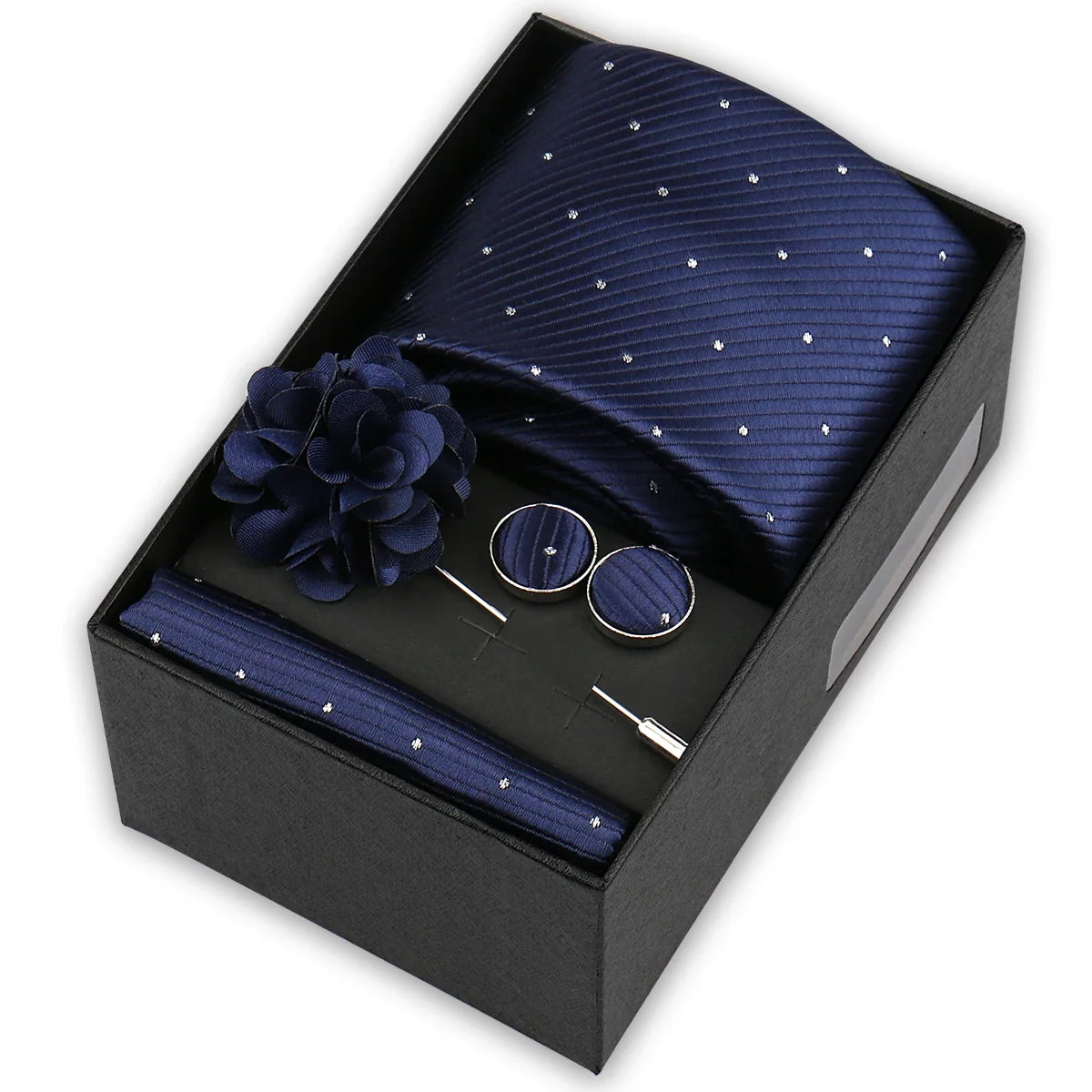 Men’s 4-Piece Tie Set Gift Box - Elegant Necktie with Handkerchief, Cufflinks & Brooch for Business, Wedding & Suit Accessories
