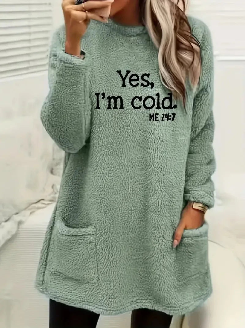 Women's Oversized Fleece Sweatshirt - Letter Print Pocket Long Sleeve Cozy Pullover