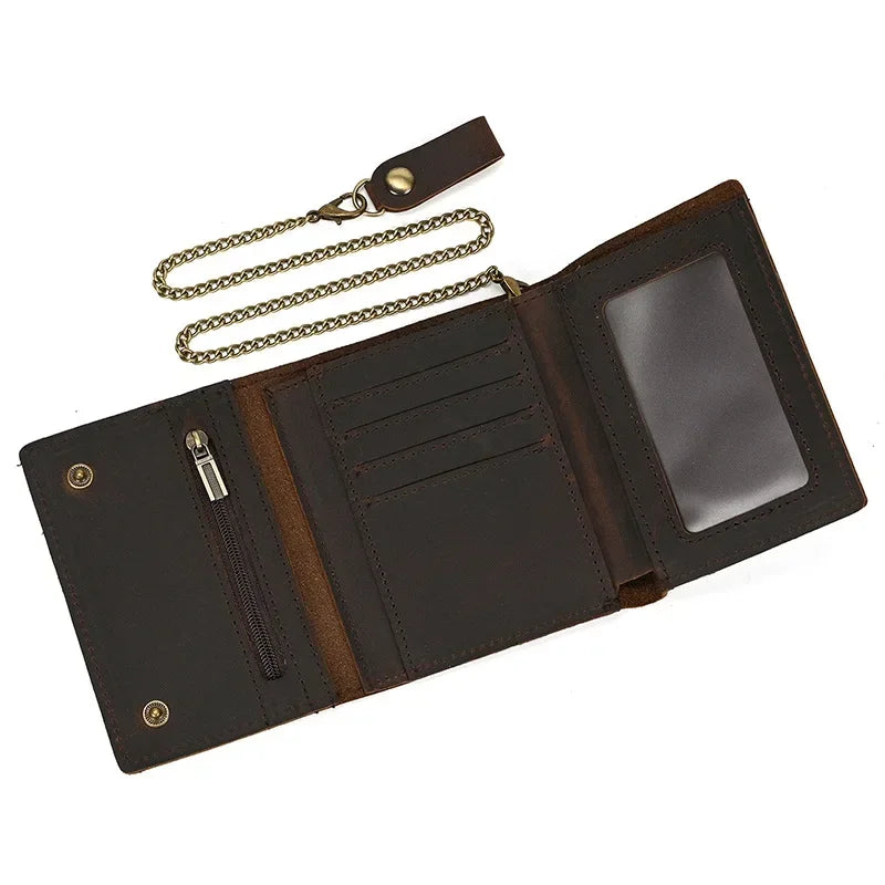 Men’s Genuine Leather Short Wallet with Chain – Trifold Zipper Clutch, Card Holder & Coin Purse